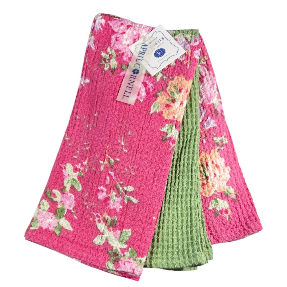 NEW ApriL Cornell COTTGE ROSE FLORAL PINK & GREEN Kitchen Towel Set/3